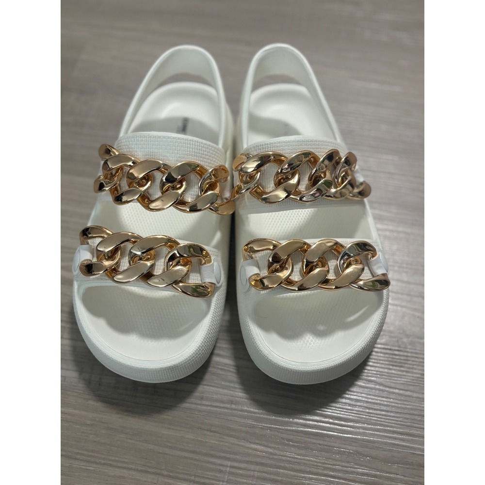 Chunky Gold Chain White Sandals‎ Slides Slip On Summer Shoes - Picture 2 of 6